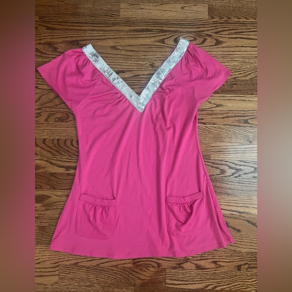 American Rag Y2K Pink Top with Silver Sequin Detail - Large